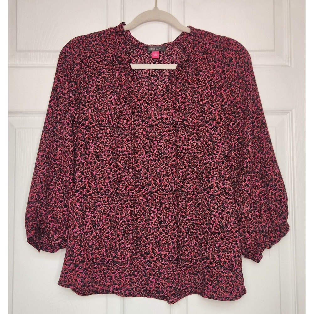 VINCE CAMUTO Women Size XS Red/Pink Floral V Neck 3/4 Sleeve Blouse
